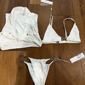 Meshki White Tie-Front Vest and Bikini Set with two tops
